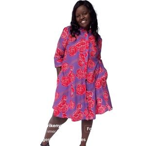 Zuri Kenya Purple Red Rose Floral Cotton Button Down Shirt Dress Pockets Large